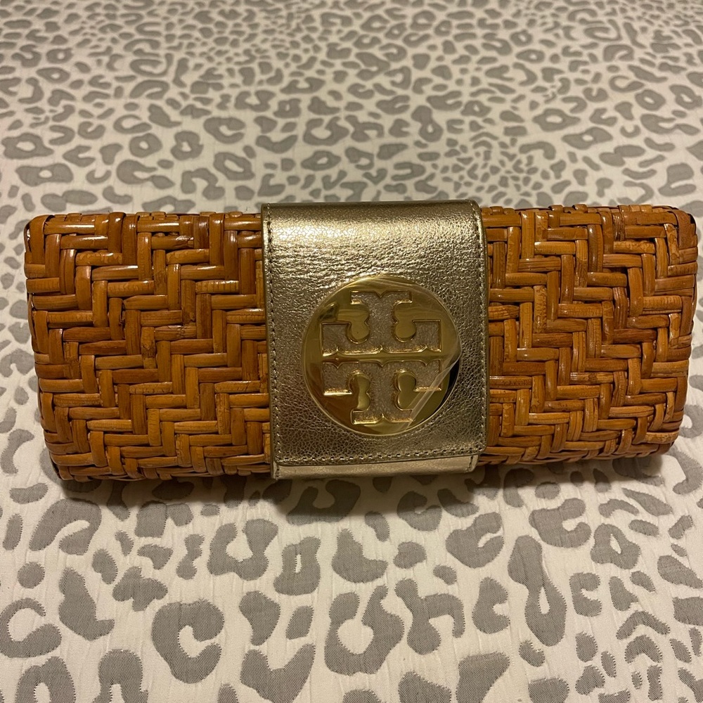 Tory Burch Metallic Saffiano Rattan Clutch